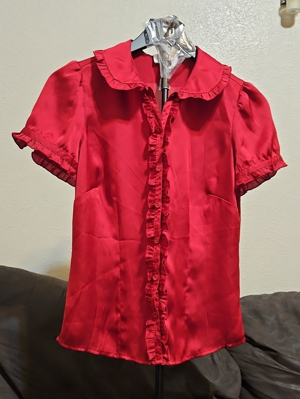 LOFT Bright Red Ruffle-Trim Button-Up Blouse - Picture 1 of 2